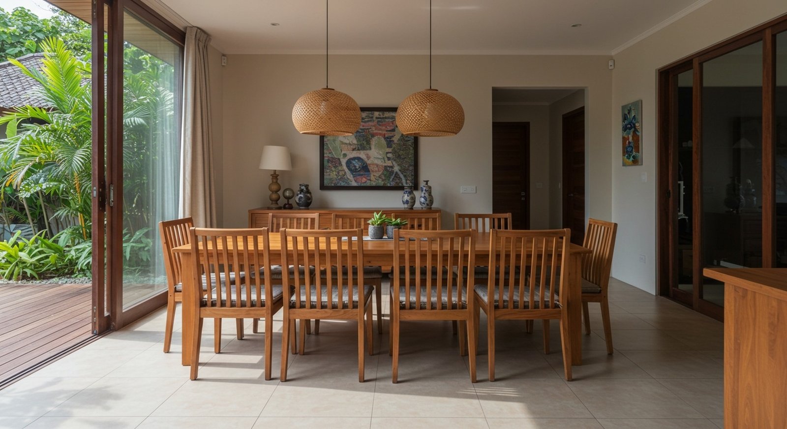 Meja Makan Keluarga Besar Bahan Kayu Jati Untuk Ruang Rumah Modern