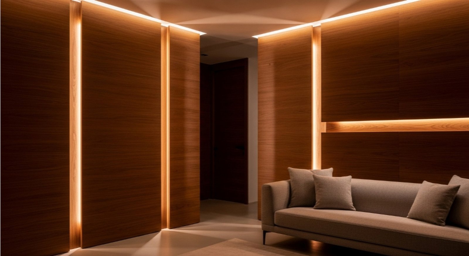 Dinding Panel Kayu Minimalis Dengan Pencahayaan Hangat Modern
