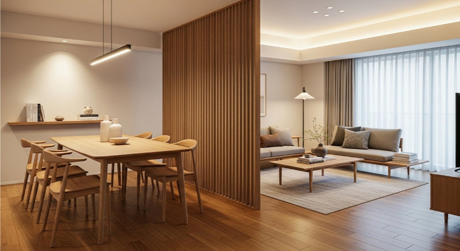 Meja Kayu Minimalis Dengan Lemari Pembatas Ruang Tamu Elegan