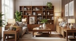 Ruang Tamu Minimalis Dengan Furnitur Kayu Dan Rak Multifungsi