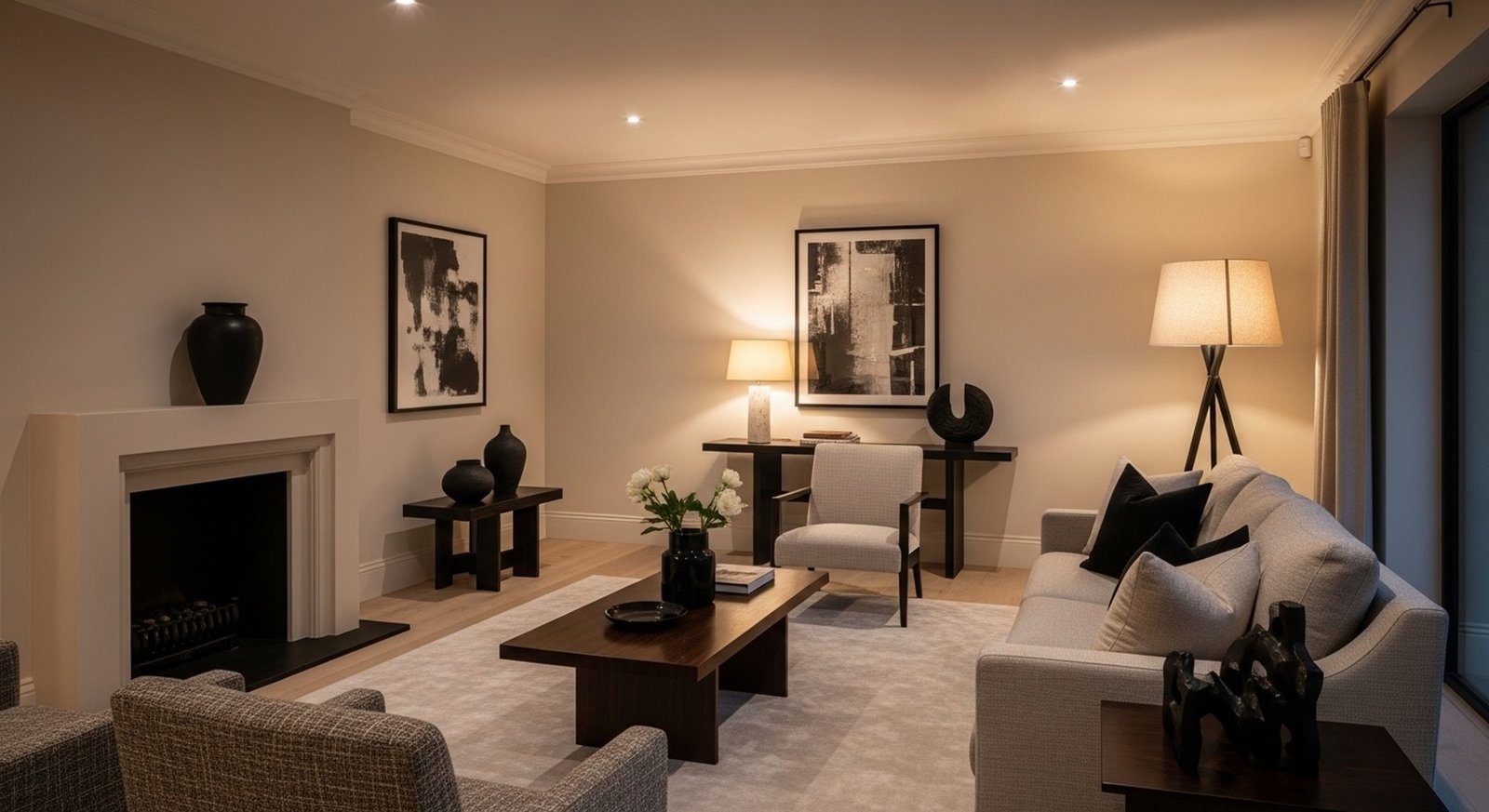 Ruangan Mewah Dengan Warna Netral Dan Lampu Malam Artistik