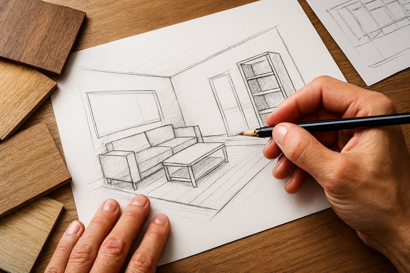 Jasa Desain Furnitur Kustom Dengan Sketsa Ruang Realistis