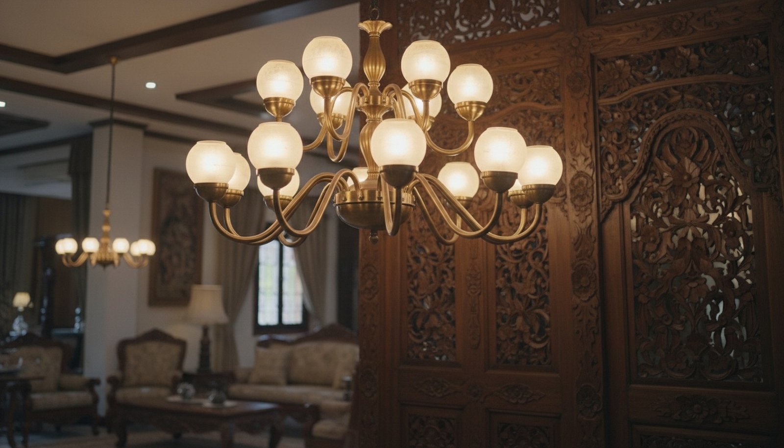 Dekorasi Interior Ruang Tamu Modern Dengan Aksen Cahaya Kuning Lembut