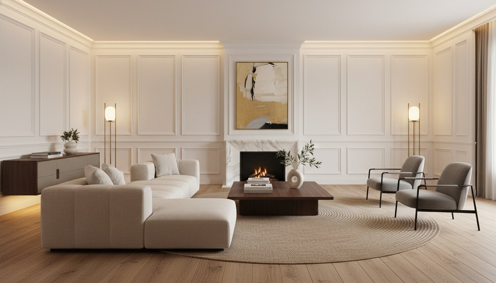 Panel Dinding Wainscoting Ruang Tamu Mewah Dan Elegan