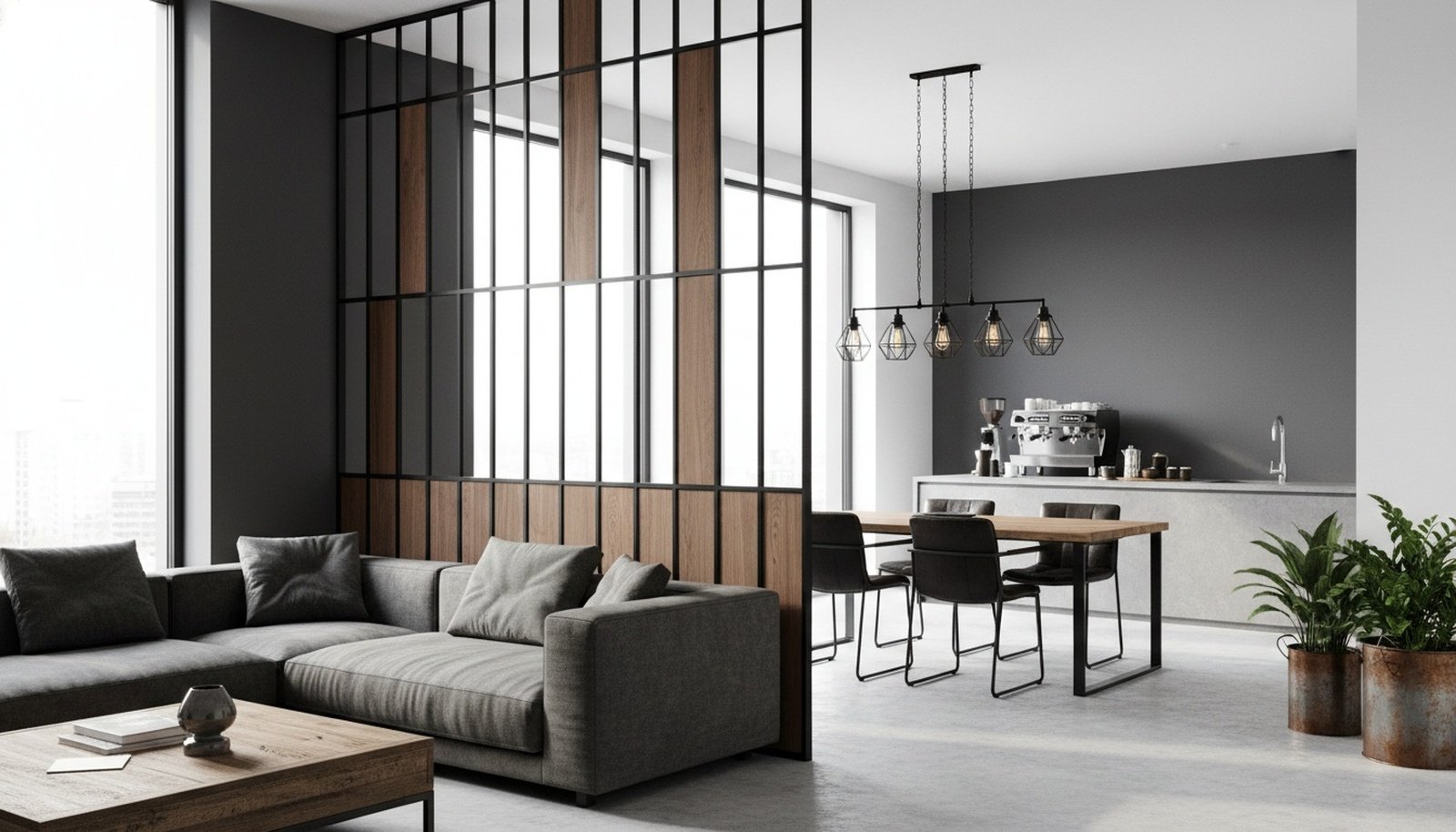 Desain Partisi Ruangan Dari Kayu Industrial Kombinasi Besi Hitam