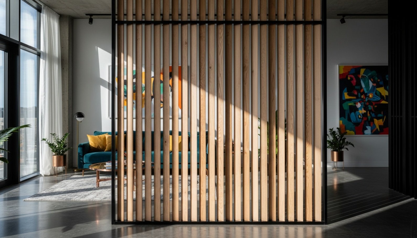 Model Penyekat Ruangan Minimalis Bahan Kayu Laminasi Cafe Industrial