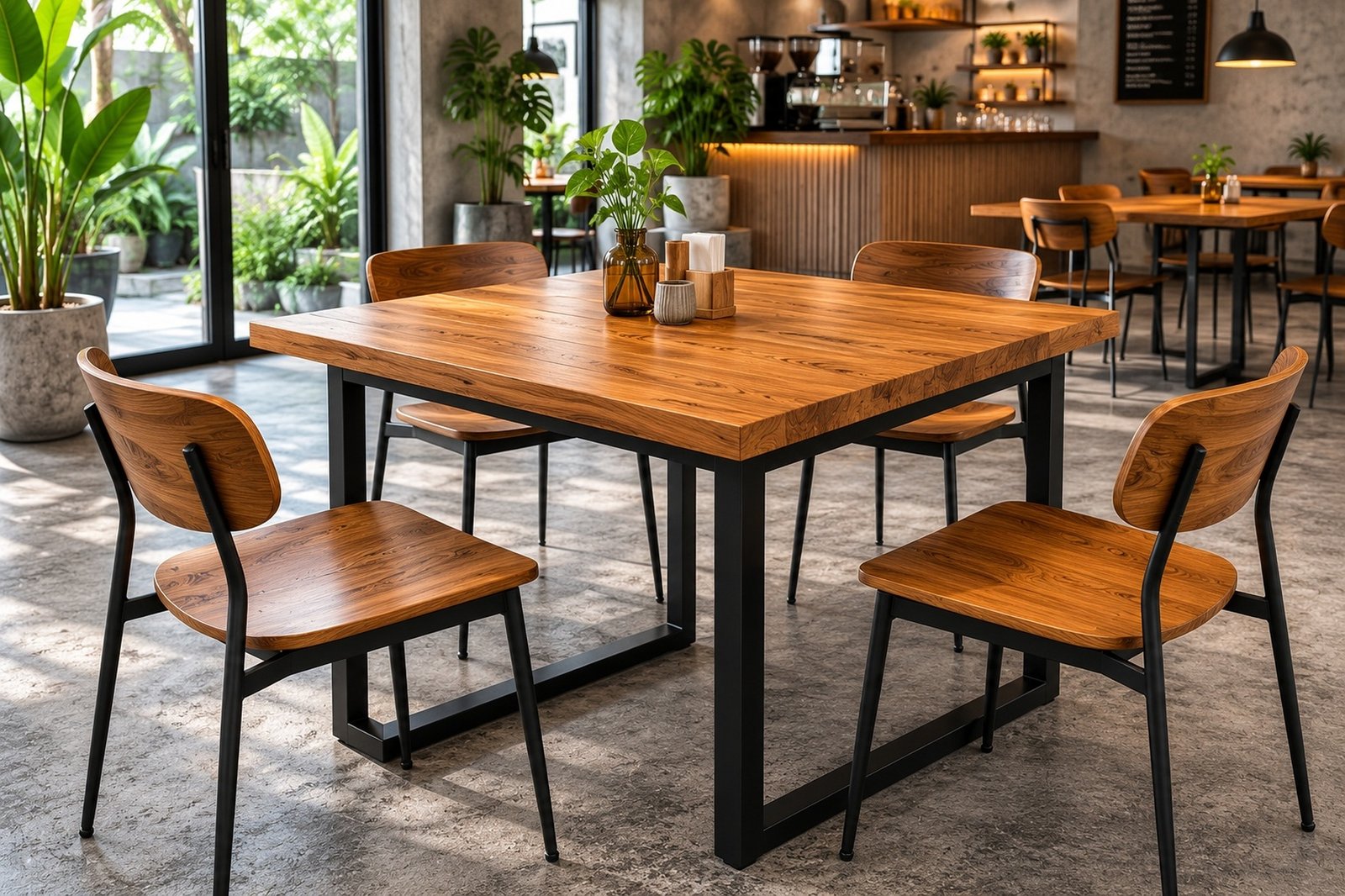 Desain Furniture Cafe Kekinian Kombinasi Kayu Jati Dan Rangka Logam Modern