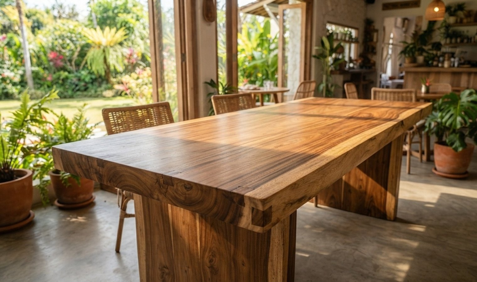 Meja Makan Custom Kayu Jati Tebal Untuk Interior Cafe Tropis