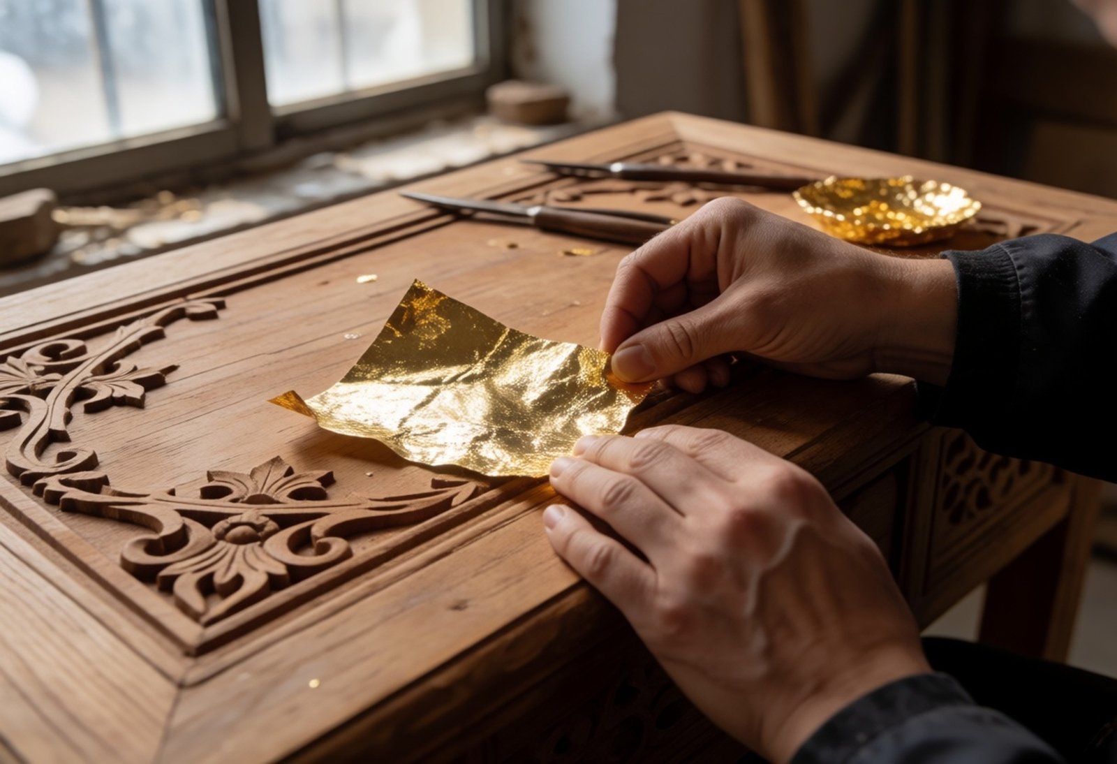 Proses Pengrajin Melapisi Emas Pada Furniture Kayu