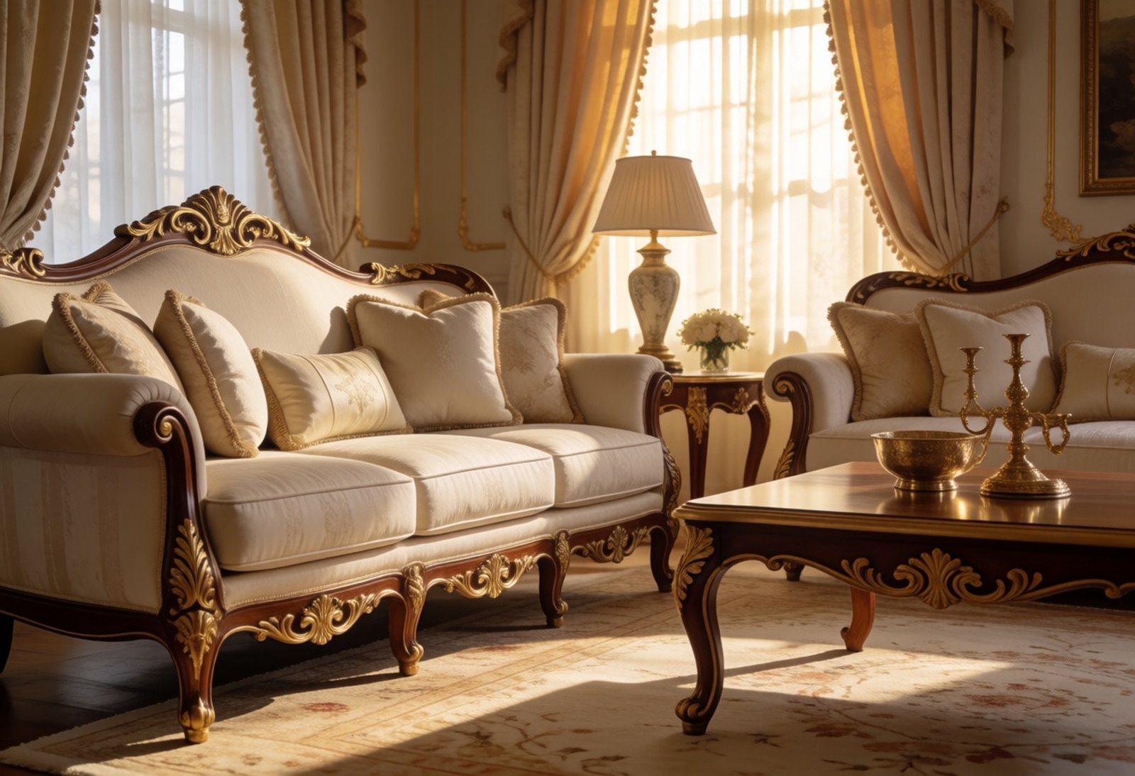 Set Sofa Tamu Ukir Emas Ruang Keluarga Elegan