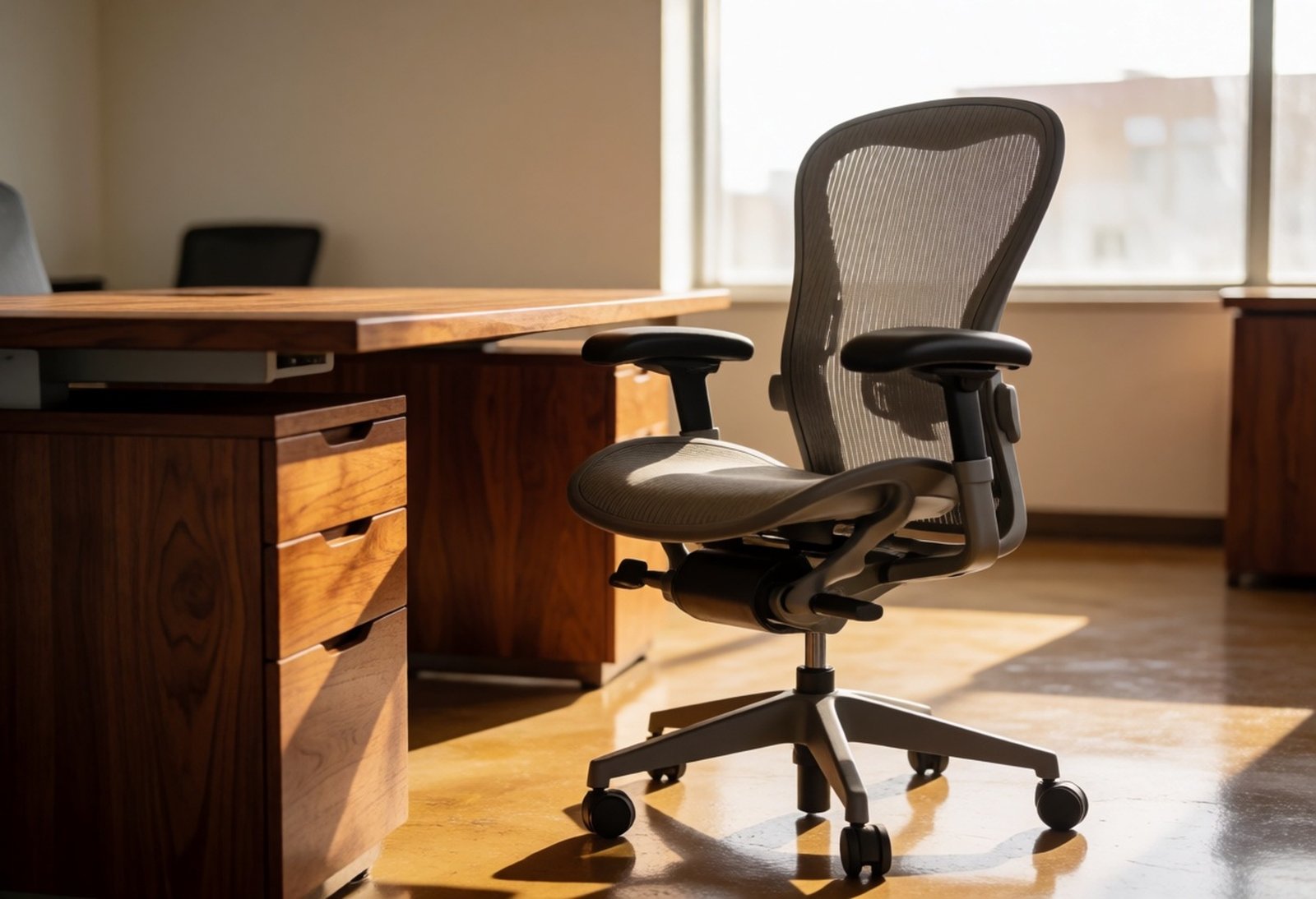 Furnitur Kantor Ergonomis Dengan Kursi Mesh Dan Meja Kayu Jati
